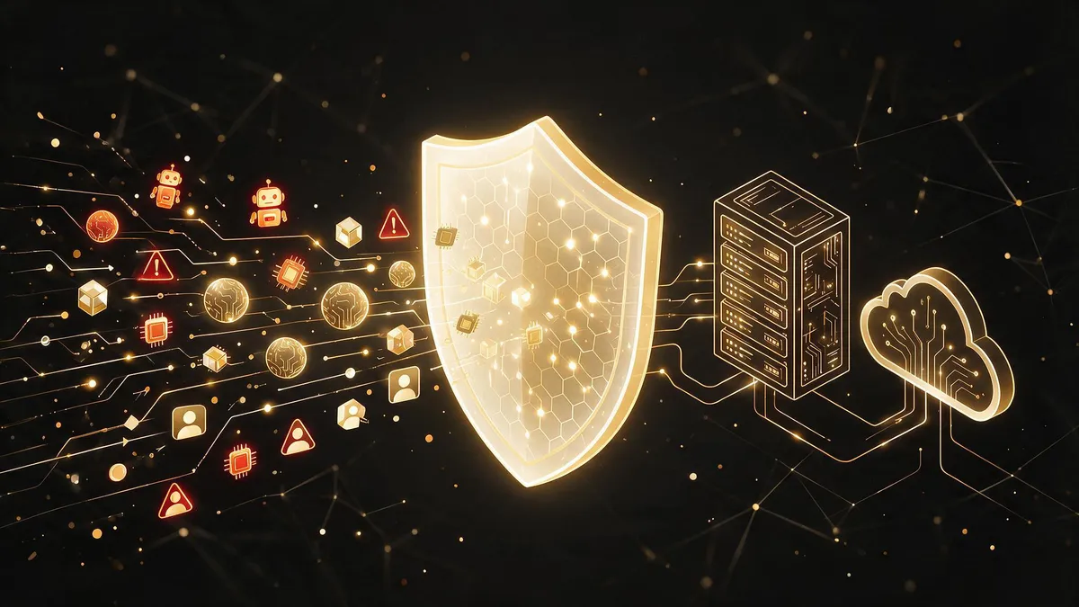 A glowing shield deflecting bot and threat icons before they reach a server rack and cloud infrastructure